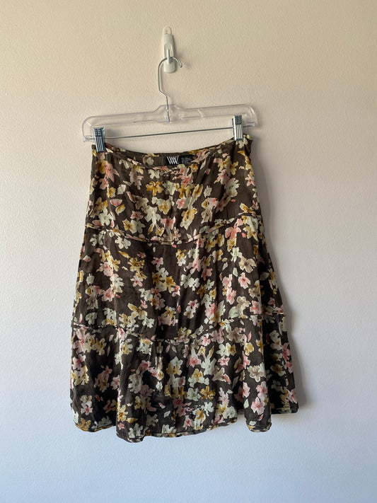 Brown Floral Tiered Midi Skirt